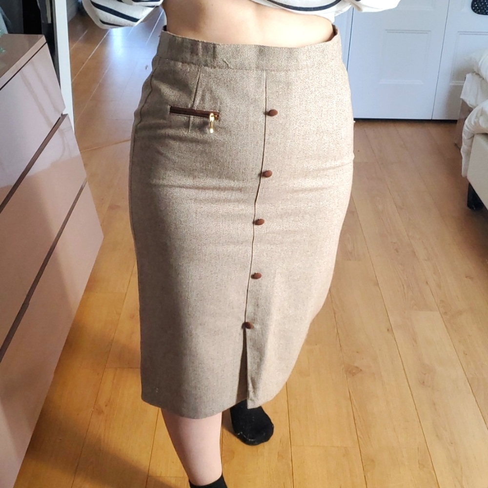 VTG Coranit High-Waisted Button-Up Pencil Midi Skirt